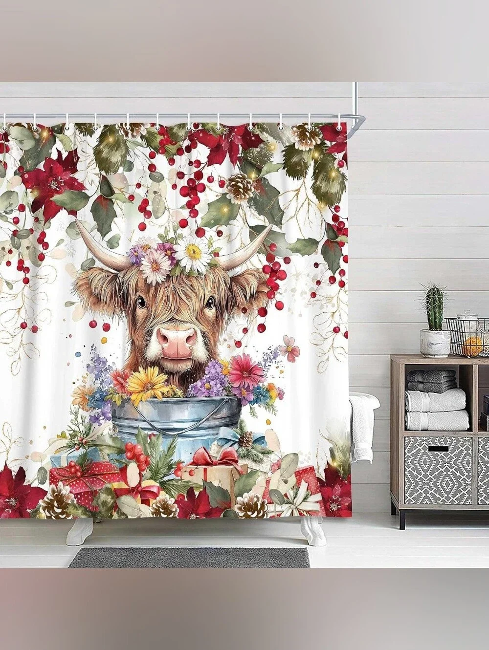 NEW Highland Cow Shower Curtain Poinsettias Holly Christmas Holiday Set w/ Hooks